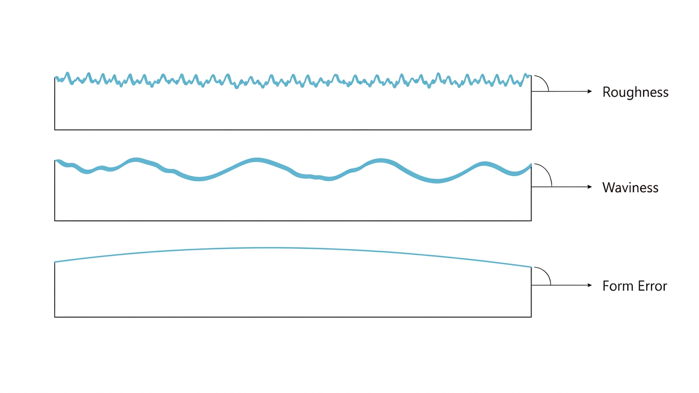A stylus profilometer dragging across a surface, with its stylus tip tracing the peaks and valleys against the mean line to produce a surface roughness profile measurement output
