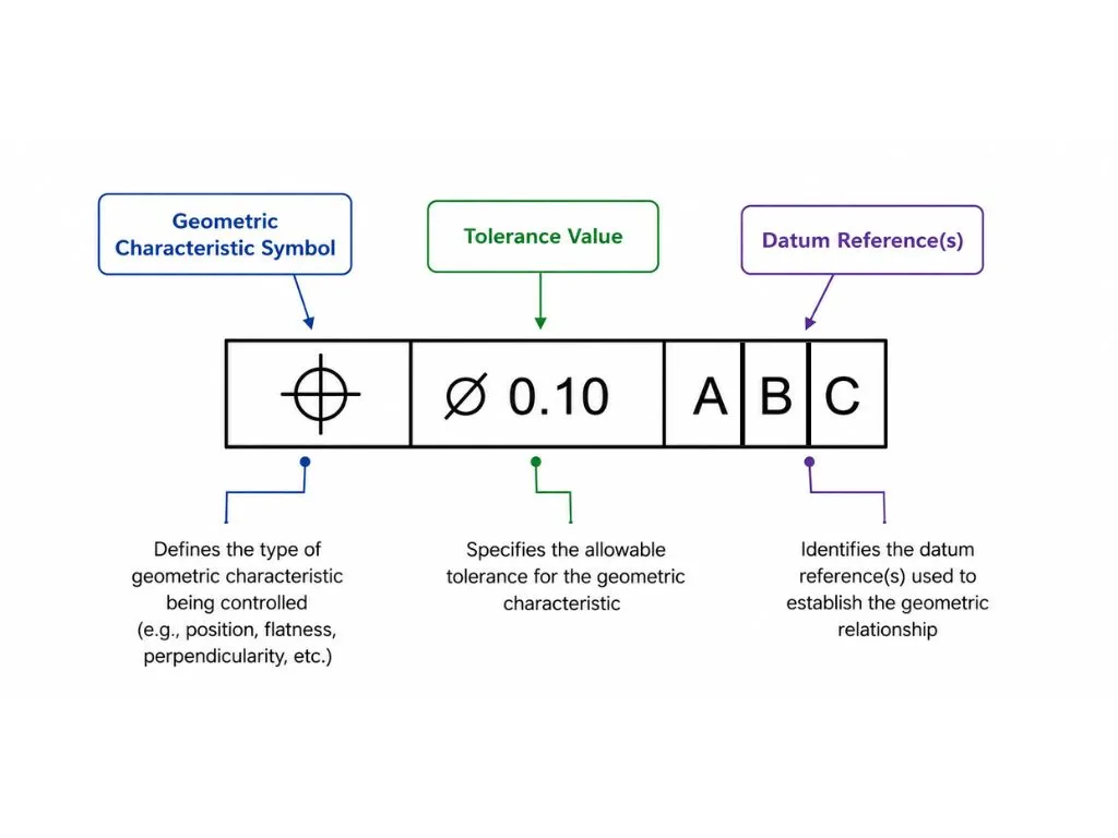 GD&T feature control frame diagram labeling the geometric characteristic symbol, tolerance value, and datum references A B C in a three-compartment frame