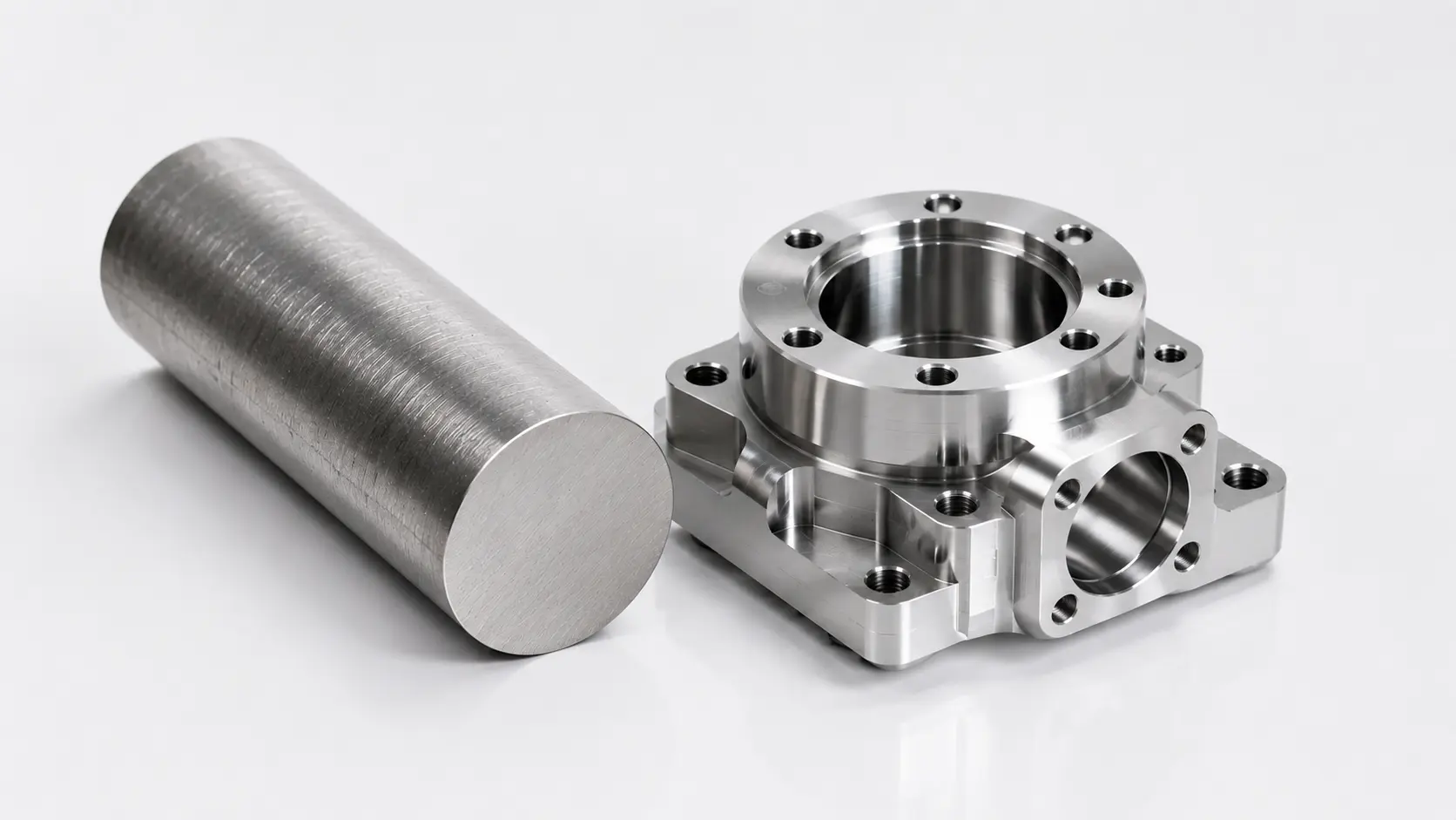 Side-by-side comparison of a cylindrical metal bar stock and a finished CNC-machined component, illustrating traceability from raw mill material to precision machined part