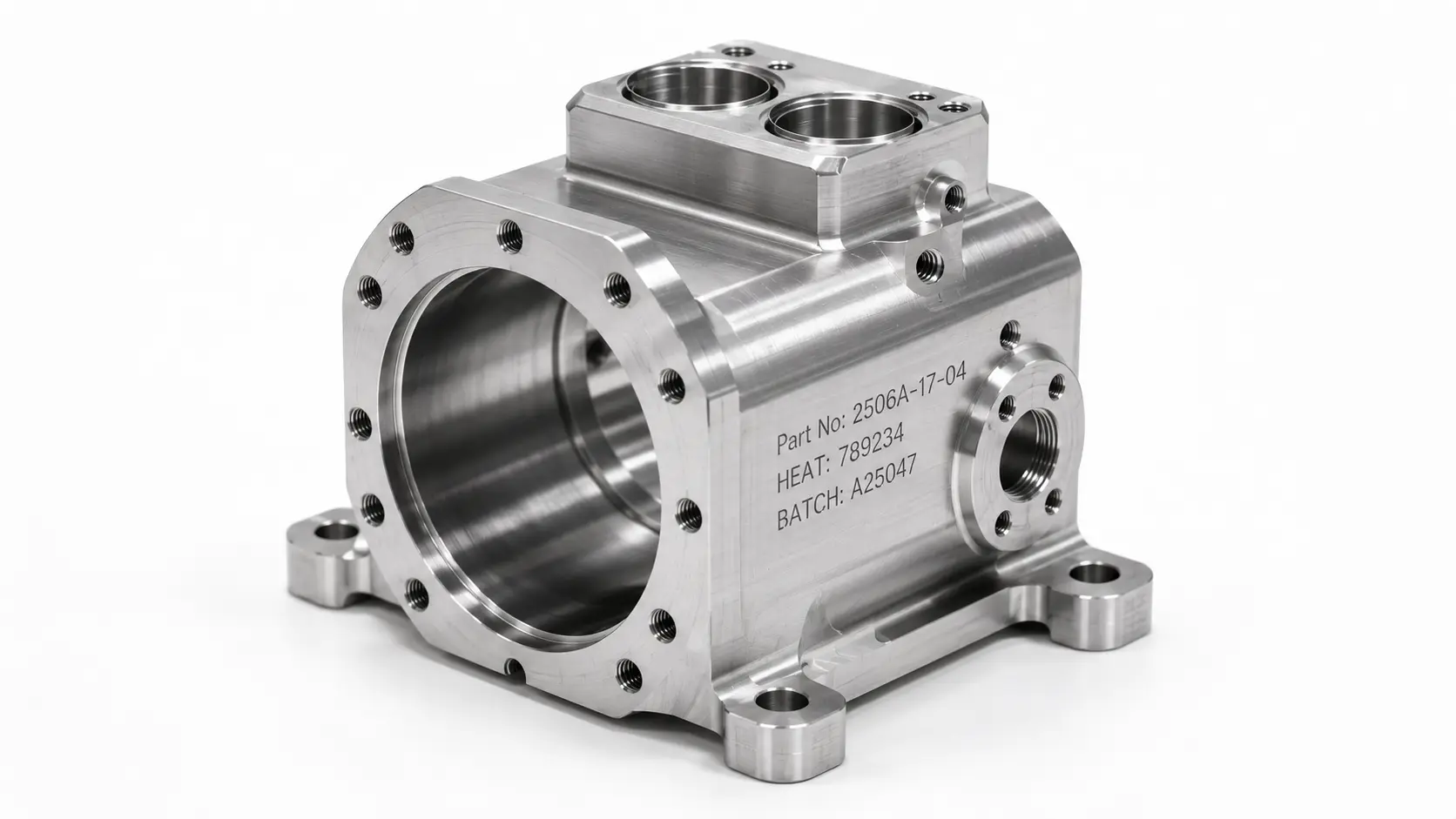 CNC-machined metal component with laser-etched part number, heat number, and batch markings on the surface for material traceability