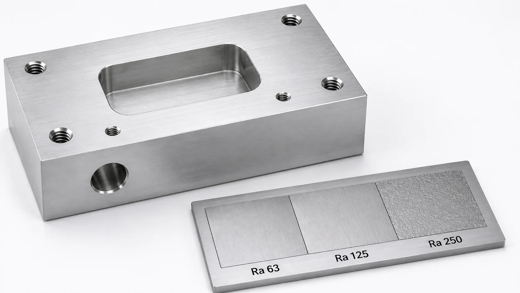 Machined metal part beside a surface roughness comparison plate labelled Ra 63, Ra 125, and Ra 250 microinches