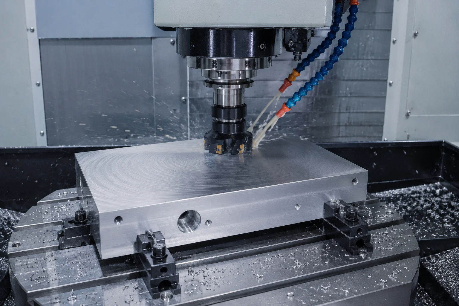 CNC face mill cutting a metal block with visible tool marks and coolant, showing a typical as-machined surface finish near Ra 125 µin